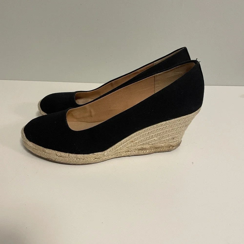 J.Crew Women's Seville Black Canvas Wedge Espadrille Shoes Size 10